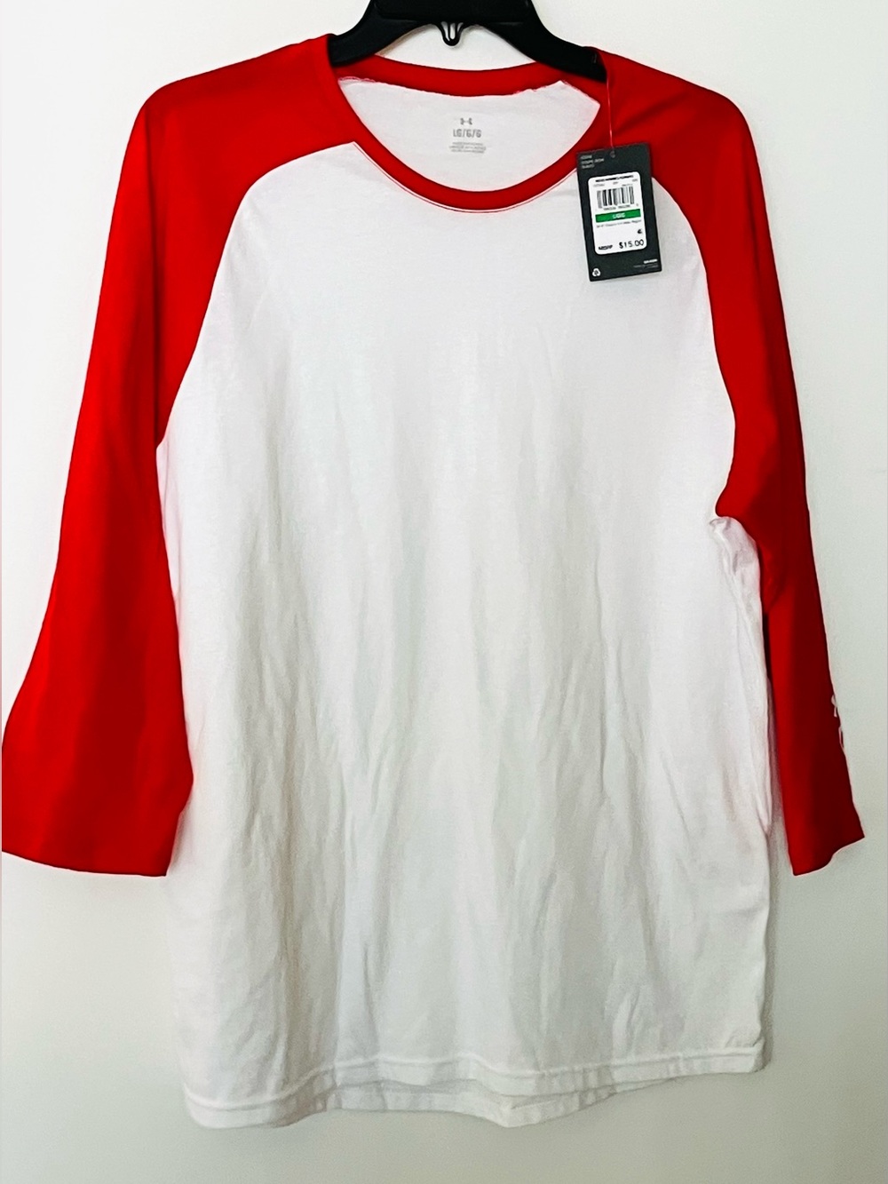 Under Armour Shirt Men's Size L Baseball  3/4 Sleeve,  New With Tags White Red